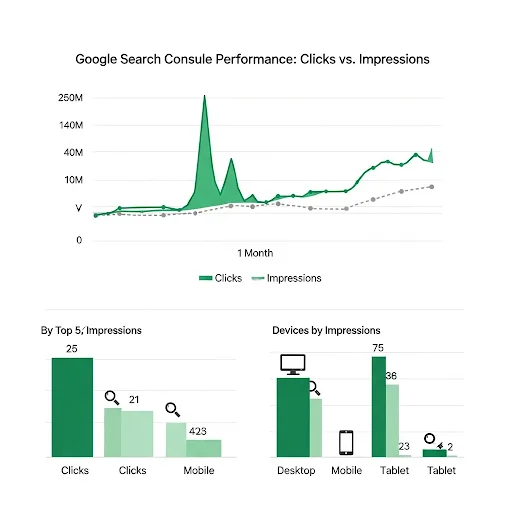 نمودار مقایسه‌ای بخش Performance در گوگل سرچ کنسول، با تمرکز روی کلیک‌ها و impressions، شامل آیکون‌های کلمات کلیدی و دستگاه‌ها