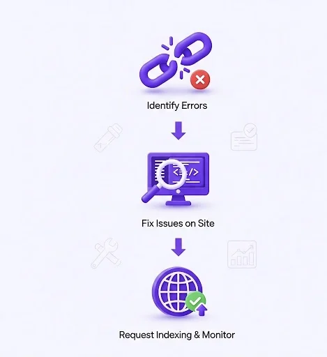 گام‌به‌گام بخش Coverage در گوگل سرچ کنسول، شامل مراحل رفع خطاها و ایندکس صفحات، با عناصر سه‌بعدی و فلش‌های جهت‌دار