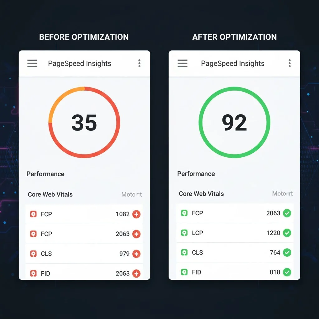 اسکرینشات گزارش PageSpeed Insights با نمره قرمز و سبز قبل و بعد از بهینهسازی.
