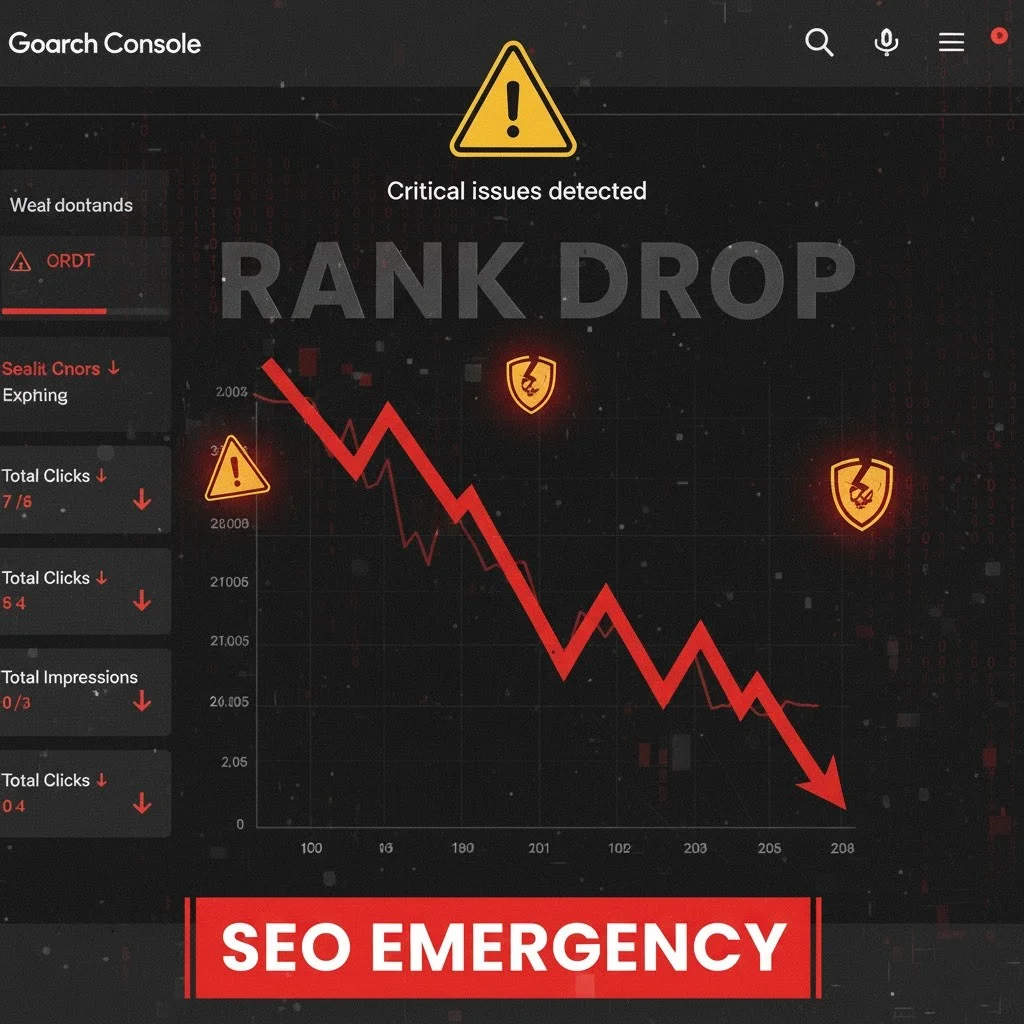 داشبورد Google Search Console با هشدار خطا و نمودار افت رتبه.